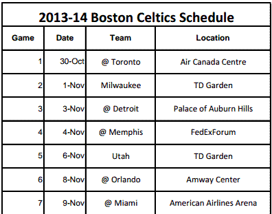 Boston Celtics Printable Schedule 2014