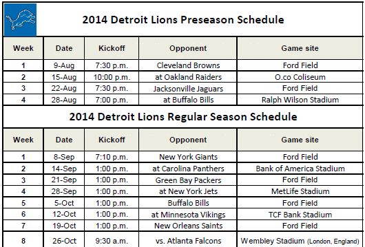 Printable Schedule for Detroit Lions 2014
