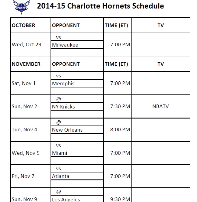 Hornets Schedule