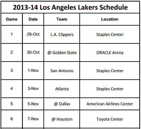 Print Los Angeles Lakers Schedule for 2013-14