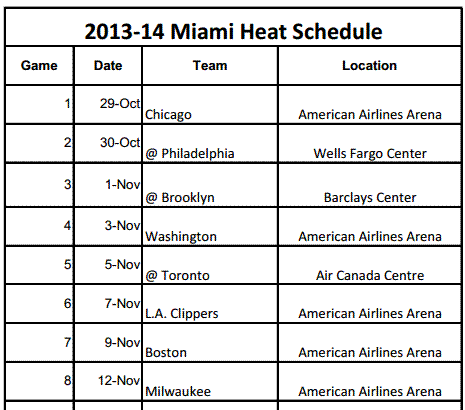 Miami Heat Printable Schedule 2013-14