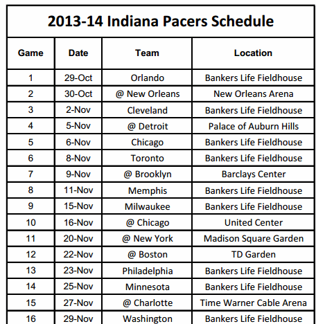 Printable 2013-14 Indiana Pacers Schedule