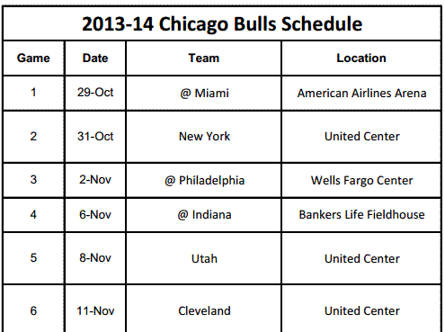 Printable Chicago Bulls Schedule 2014