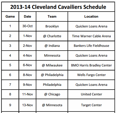 Printable Cleveland Cavs Schedule