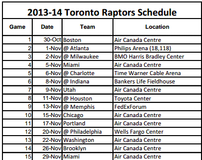 Printable Toronto Raptors Schedule 2014