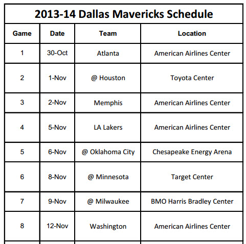Print Dallas Mavericks 2013-14 Schedule