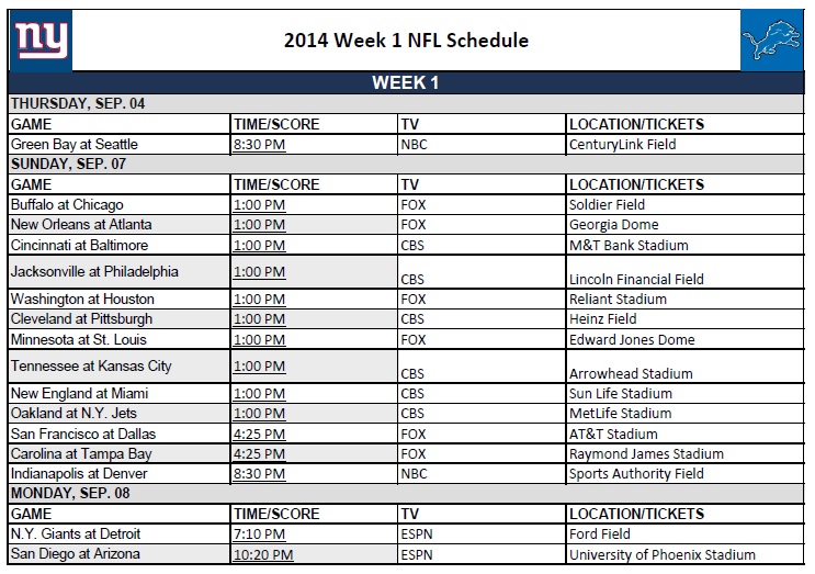 NFL Schedule Week 1 Printable
