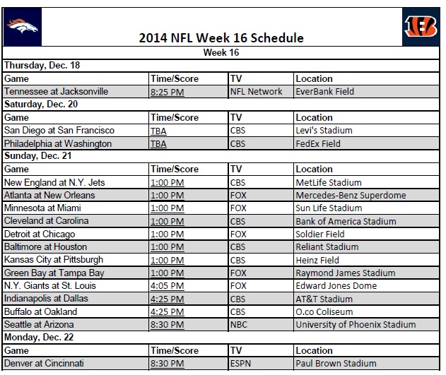 2014 NFL Week 16 Schedule