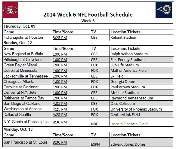 2014 NFL Week 6 Schedule
