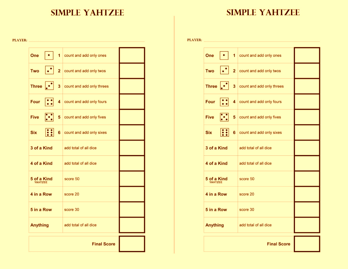 Free Yahtzee sheet printable