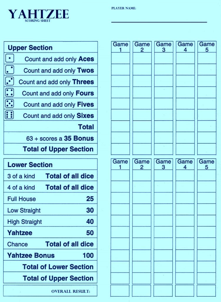 Free printable Yahtzee score sheets Games
