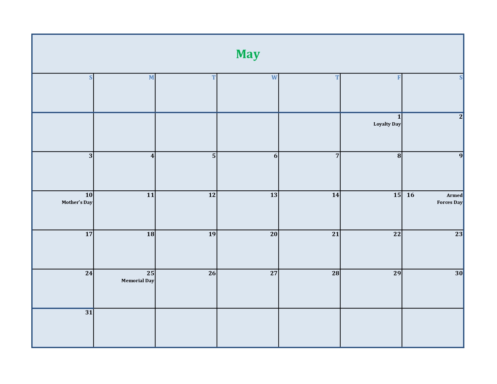 May calendar 2020 with holidays