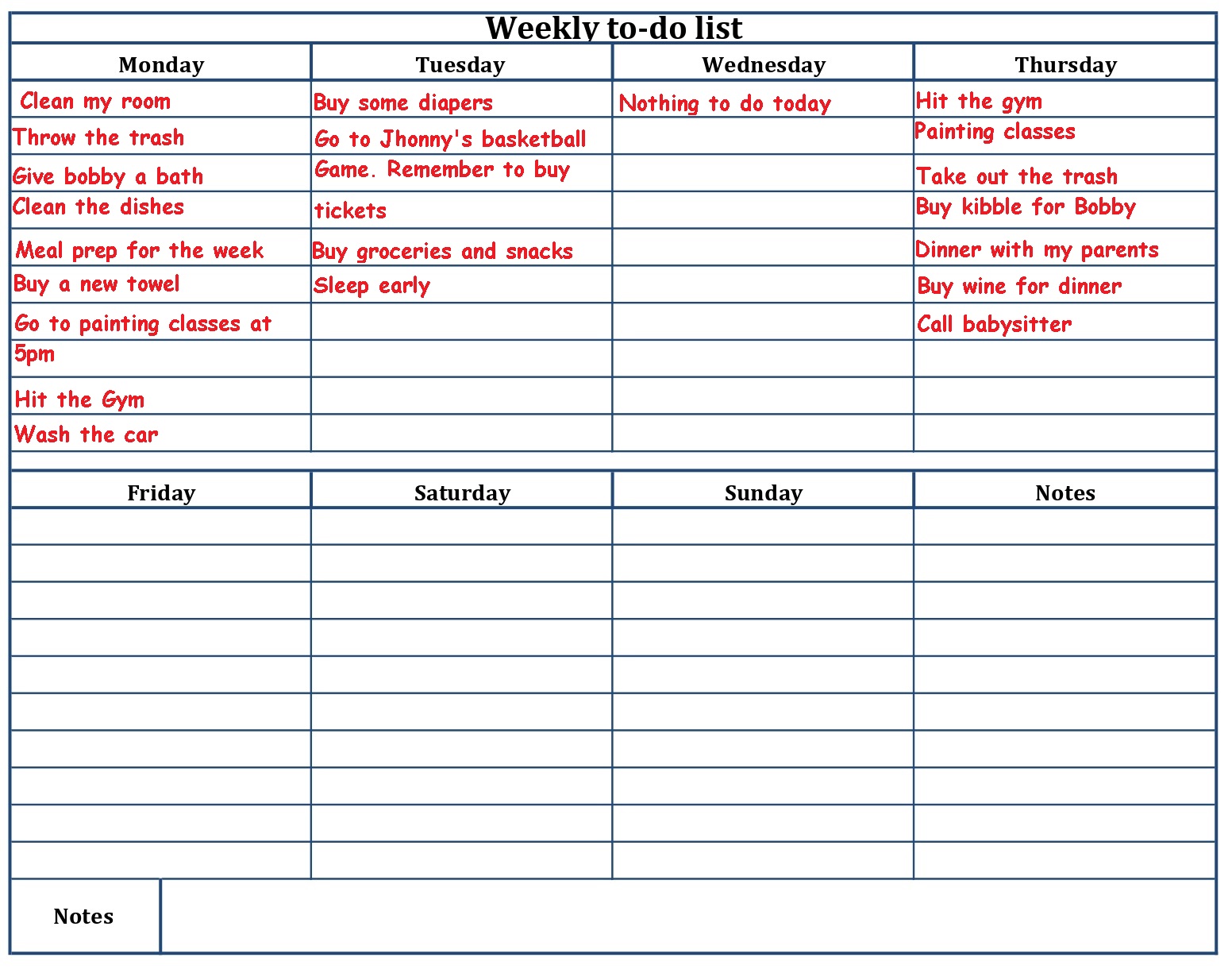 weekly to-do list example