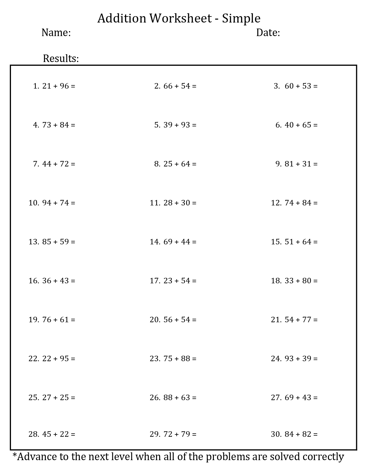 Addition simple worksheets