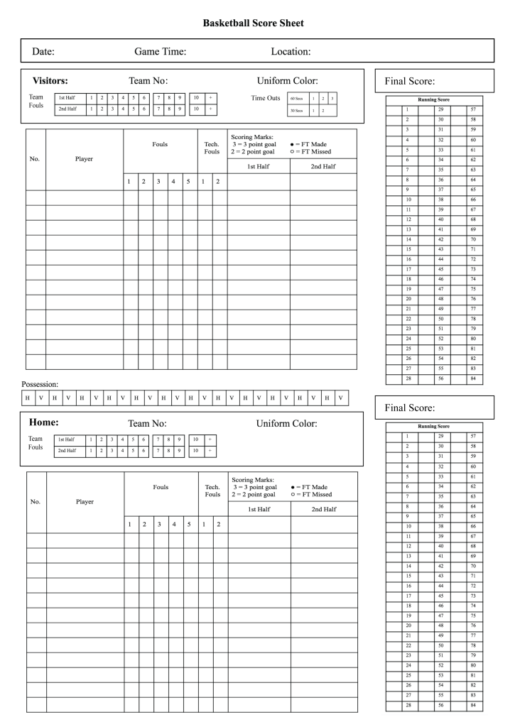 Printable basketball scoresheet to track stats like points, rebounds (free) Basketball