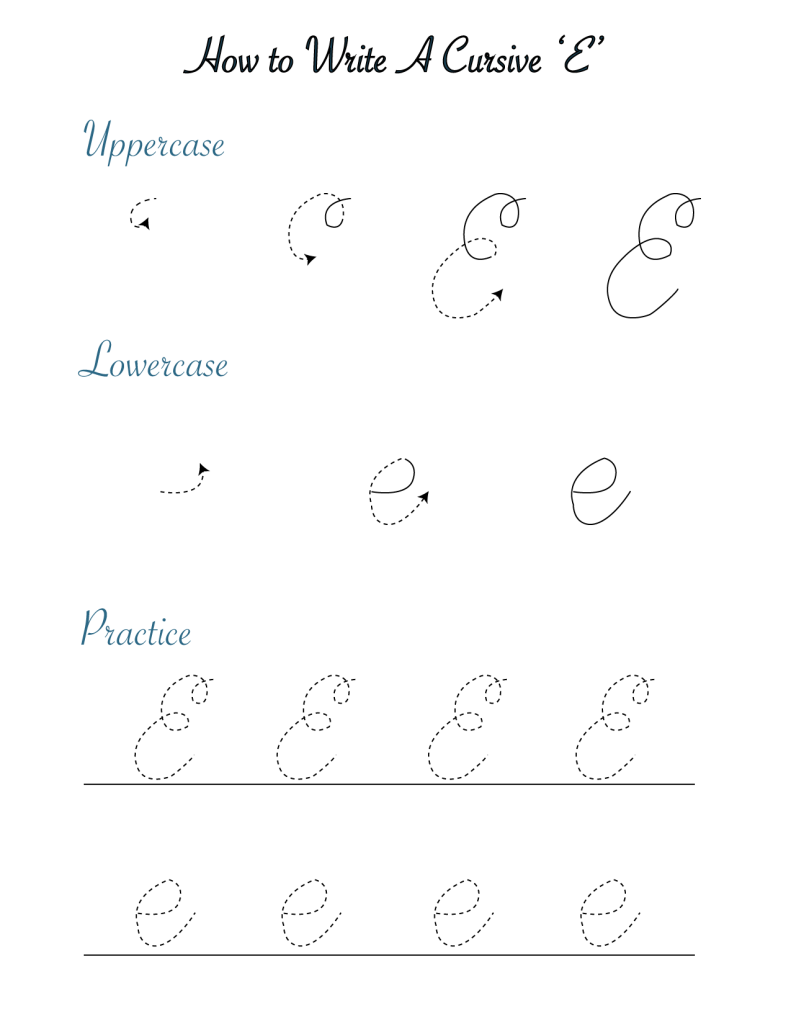 Cursive ‘E’ worksheets to practice capital, upper and lowercase letter Es Templates