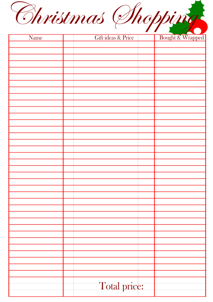 Free Christmas wish list: Printable X-mas shopping lists (PDF) Lists