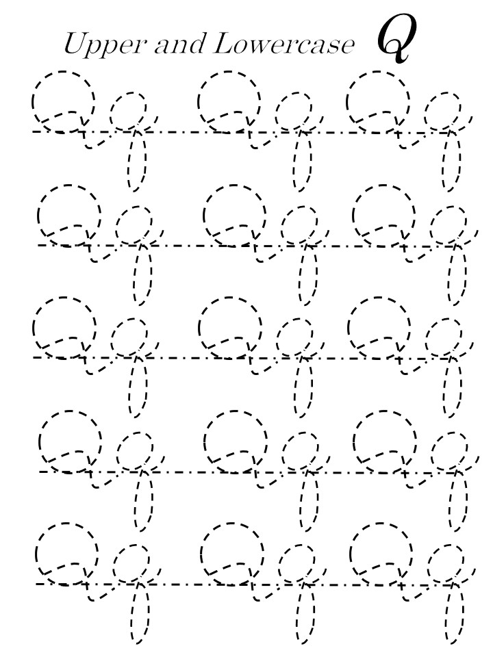 Practice worksheets for cursive ‘Q’: Capital, upper, lowercase letter Qs Letters