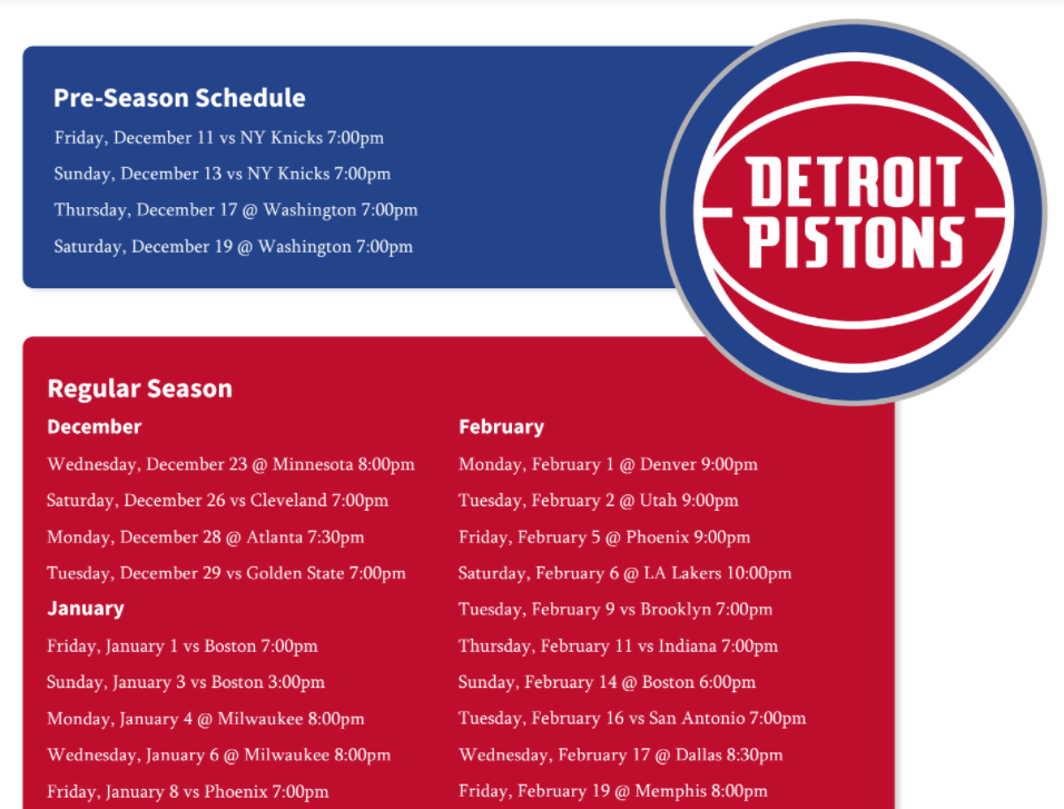 Printable Detroit Pistons schedule, TV schedule for 2021 NBA (Updated