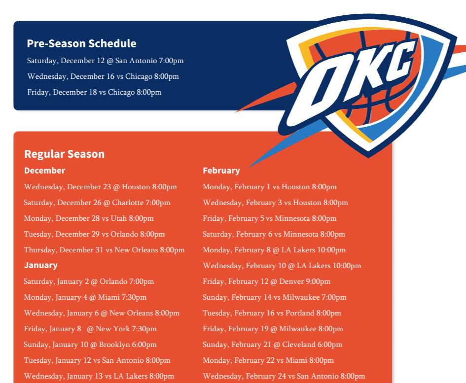 Printable OKC Thunder 2020-21 schedule (and TV schedule) Schedules