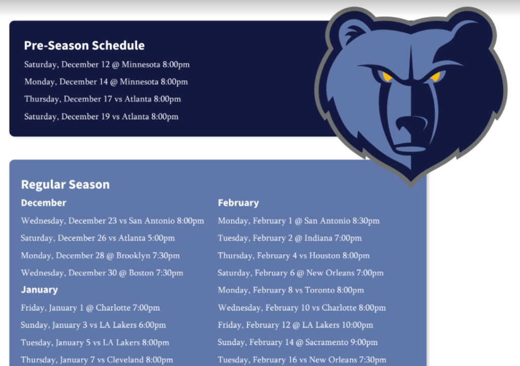 Printable Memphis Grizzlies schedule for 2020-21 NBA season Basketball