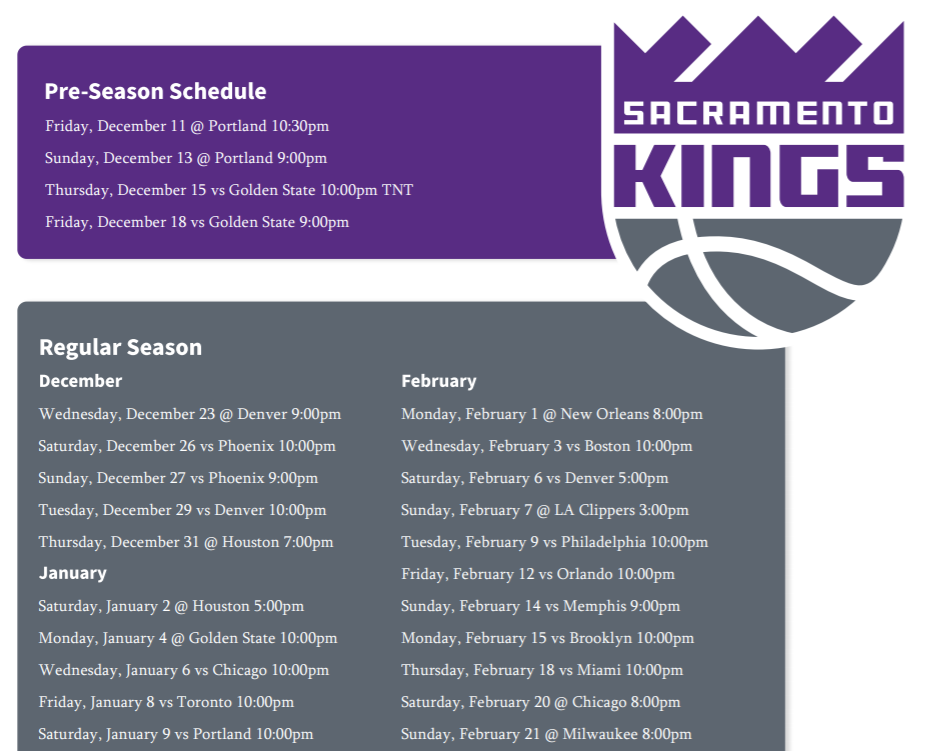 Printable Sacramento Kings 202021 schedule (and TV schedule