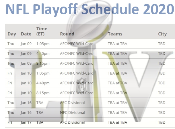 Printable 2020 NFL playoff schedule and Superbowl 55 TV schedule Football