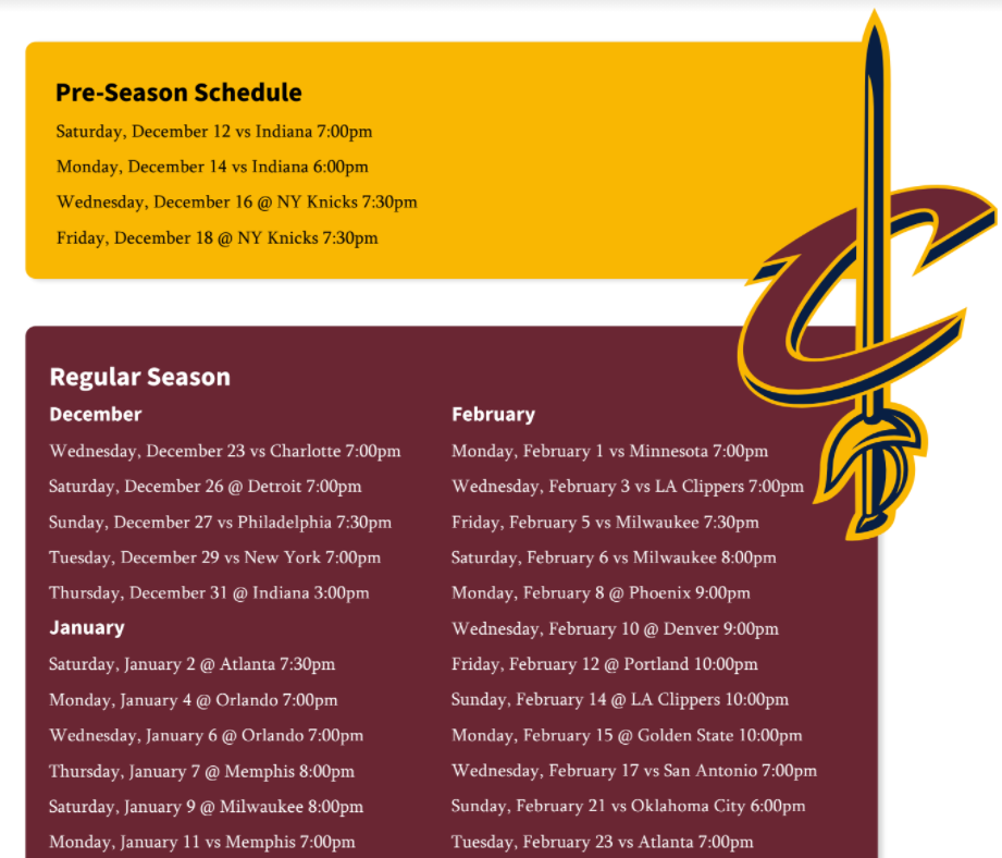 Cleveland Cavaliers schedule printable