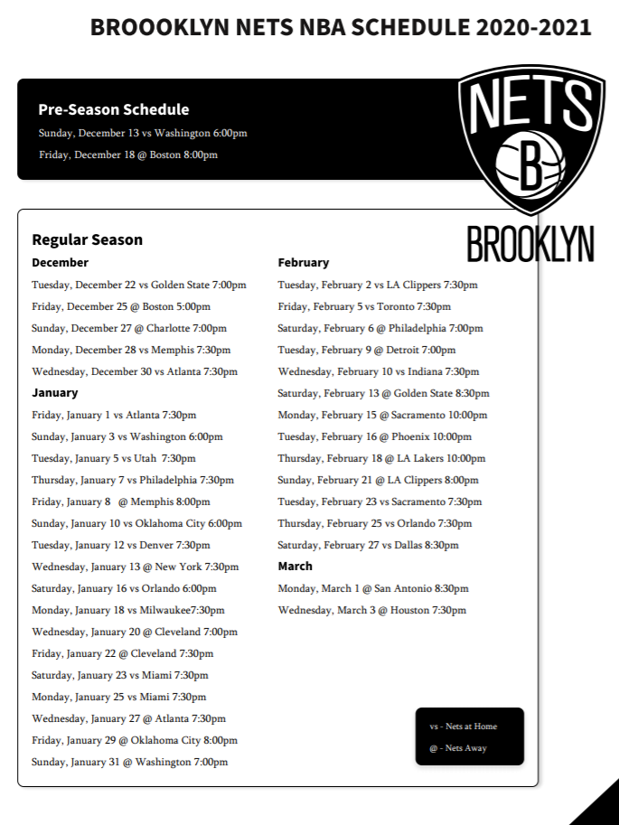 Free 2020-21 Brooklyn Nets schedule and printable TV schedule - Printerfriendly