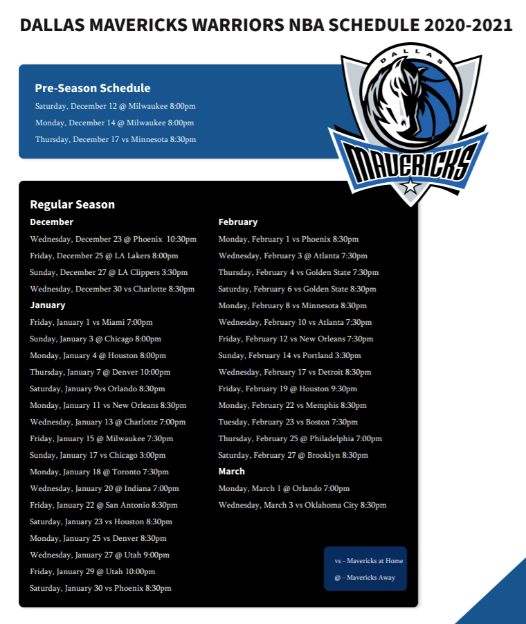 Printable Dallas Mavs Schedule TV Schedule Updated For 2020 21 Season 