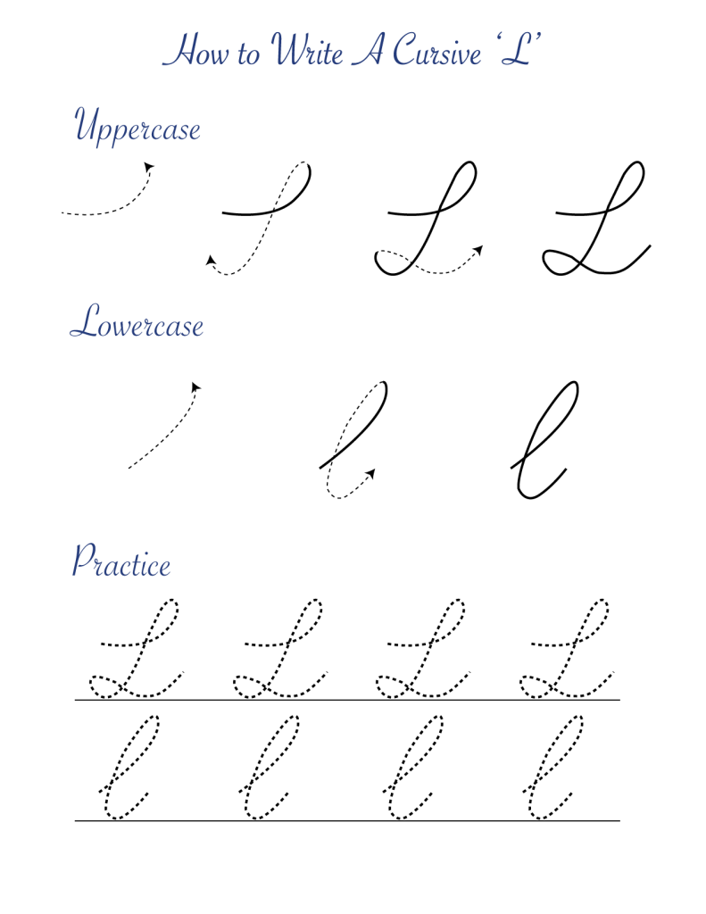 Cursive ‘L’ worksheets to practice capital, upper and lowercase letter Ls Templates