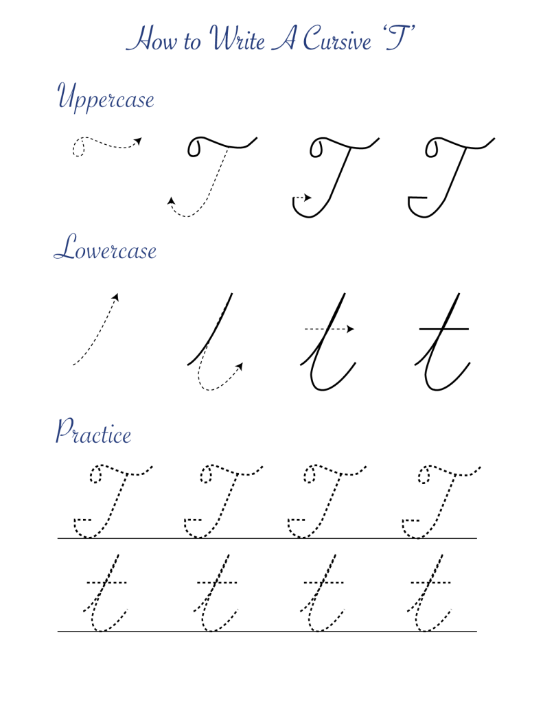 Cursive ‘T’ Worksheets to Practice Capital, Upper and Lowercase Letter Ts Templates