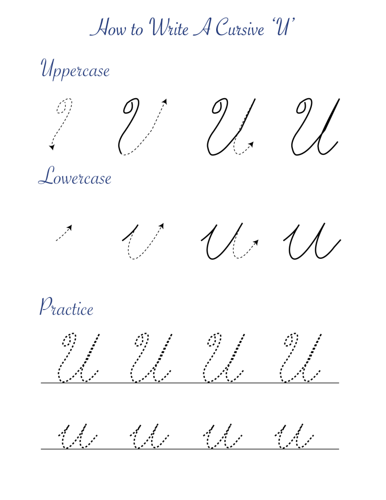 Cursive ‘U’ worksheets to practice capital, upper and lowercase letter Us Templates