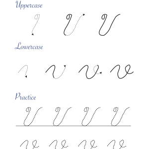 Cursive ‘V’ worksheets to practice capital, upper and lowercase letter Vs Cursive V Template
