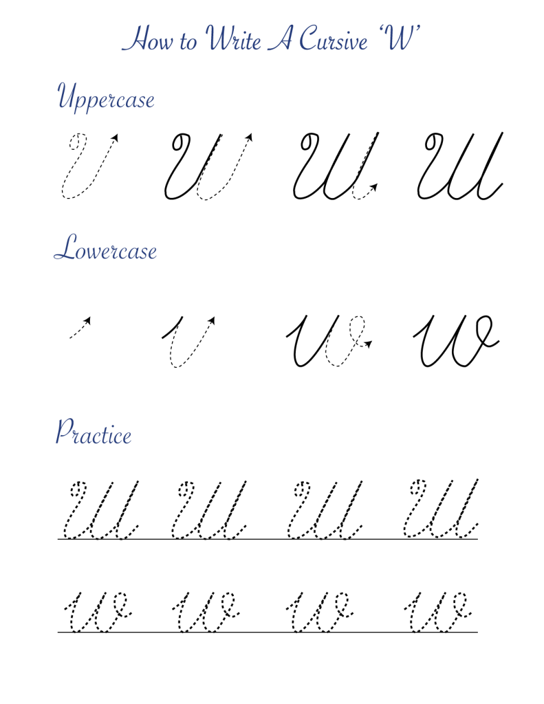Cursive ‘W’ worksheets to practice capital, upper and lowercase letter Ws Templates