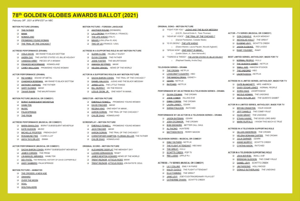 Printable Golden Globes nominations ballot for your 2021 Golden Globes Awards watch party Games