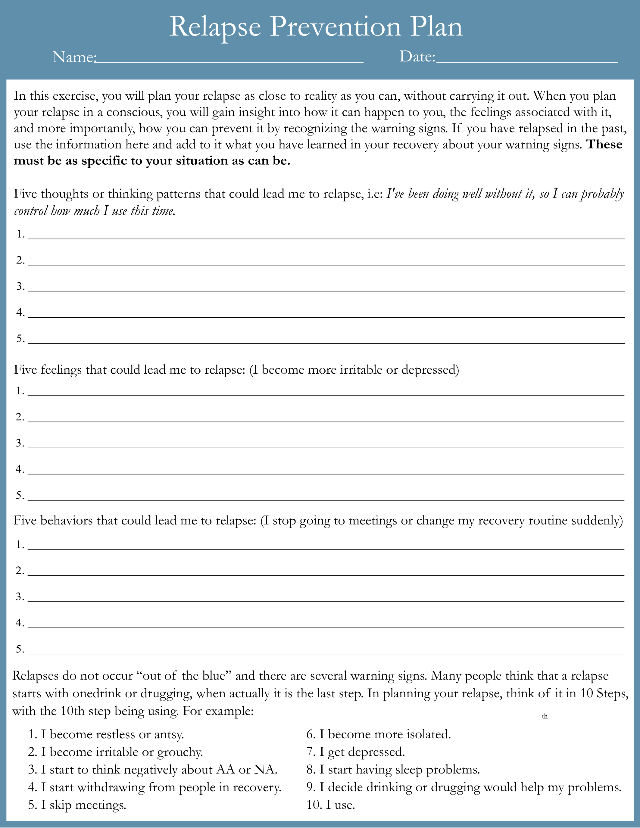 Printable Relapse Prevention Worksheets Plan and Template - Printerfriendly
