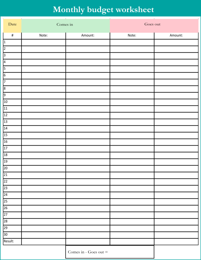 Monthly Budget Worksheet
