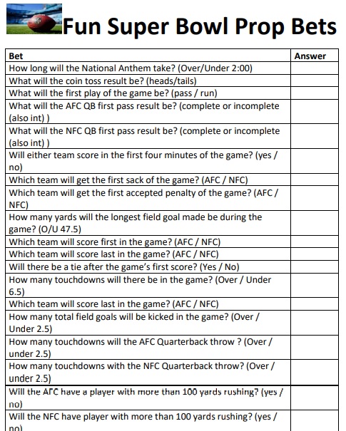 Fun Super Bowl Prop Bets Printable Betting