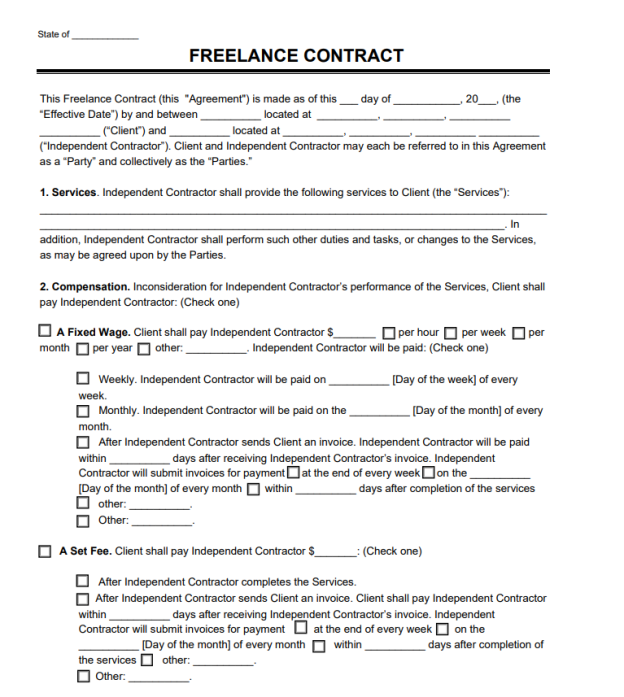 Picture of Free Standard Freelancer Contract; Printable, PDF - Printerfriendly