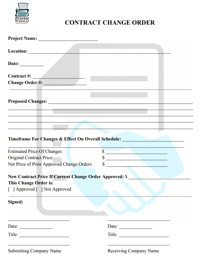 Free Blank Contractors Change Order Form; Printable, PDF Format Forms