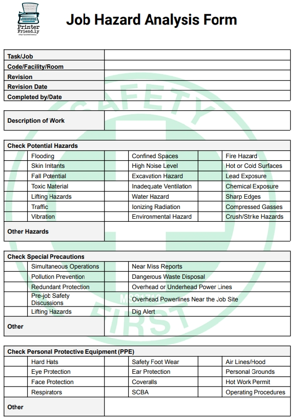 Free Job Hazard Analysis Form; Printable in PDF Forms