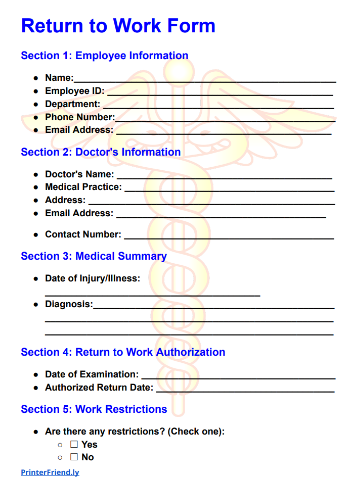 Return to Work Form Template; Free PDF, Printable Forms
