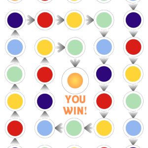 A colorful maze with 5 different colored circles per row, with the start point labeled "START" and the end point labeled "YOU WIN!"