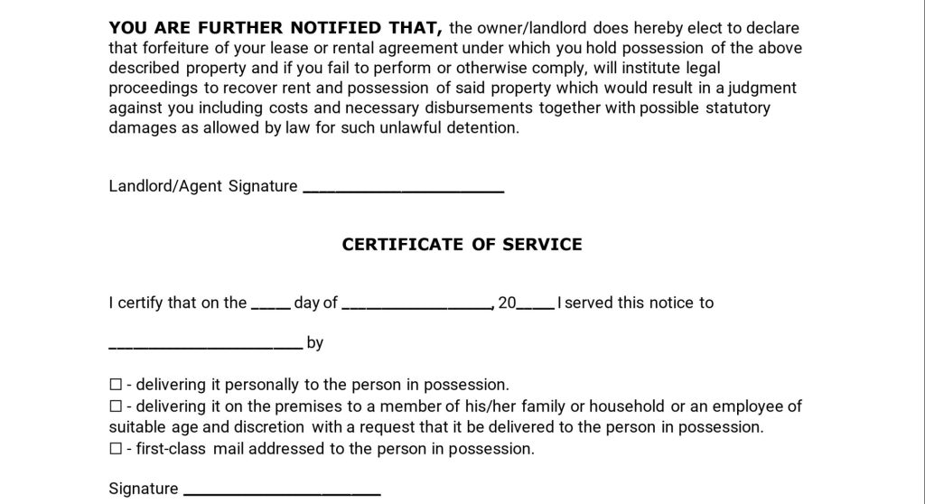 free eviction notices to print​ page two with information about the delivery of the eviction notice and signatures of the tenant and landlord to certify service