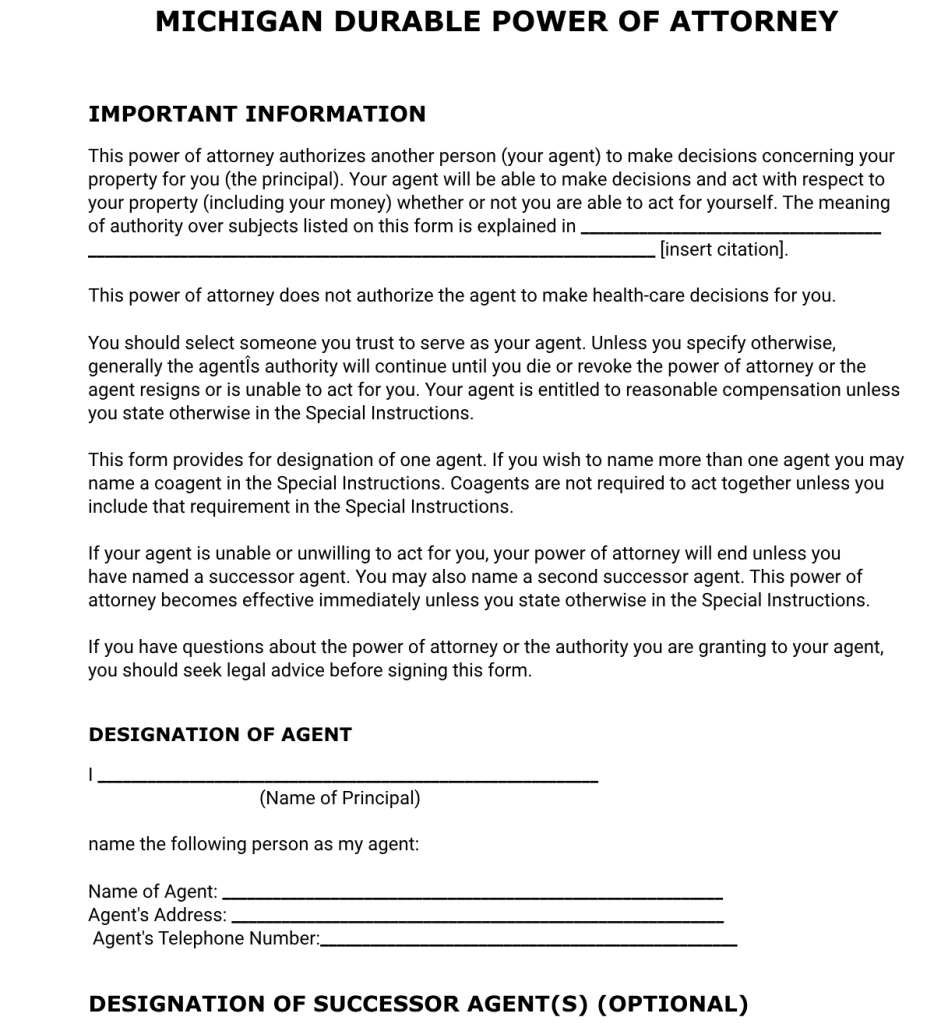 free michigan power of attorney forms to print​ page one of the full document detailing information about agents
