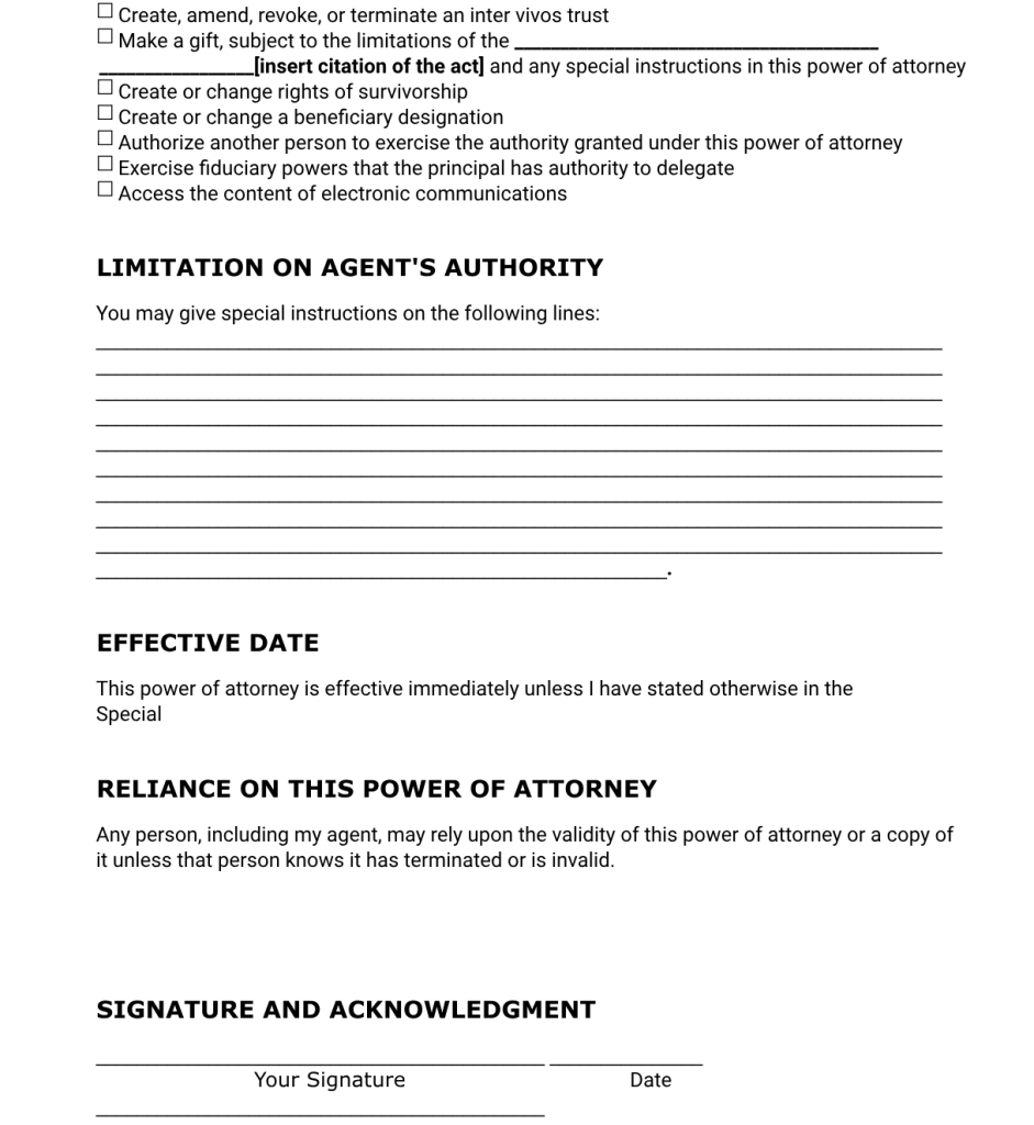 free michigan power of attorney forms to print​ page 3 detailing specific limitation to the agent's authority
