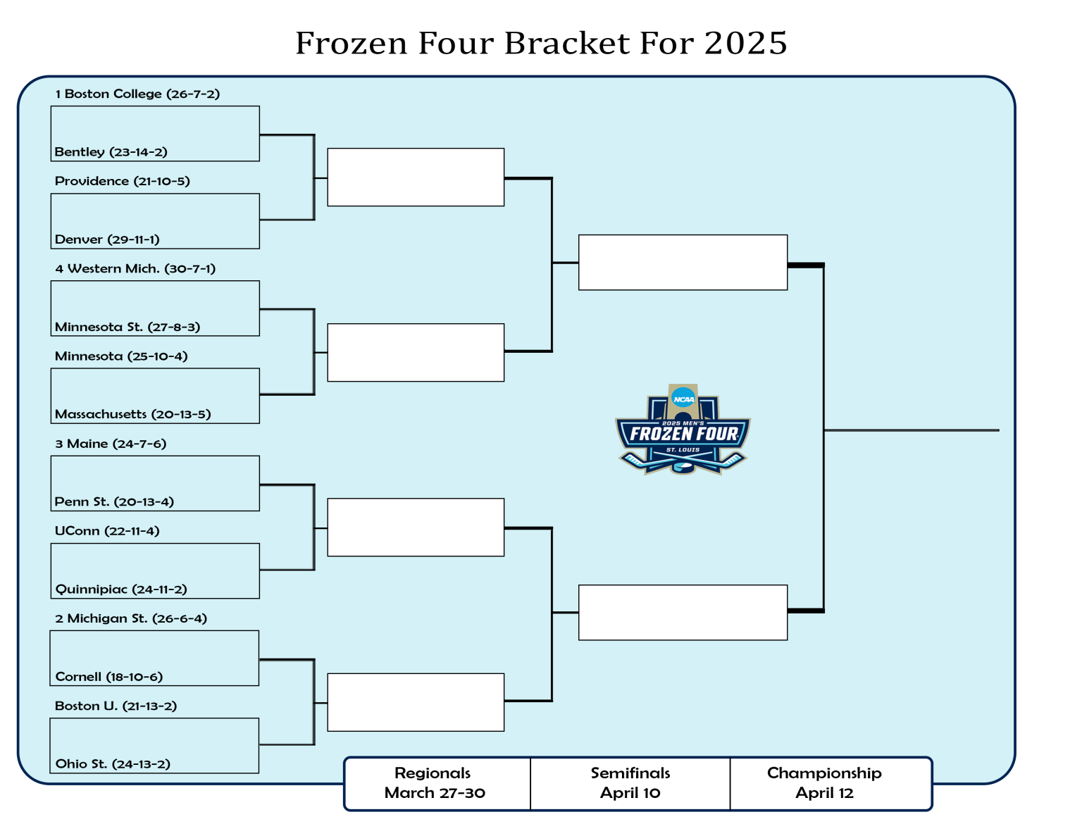 Four Bracket Printable 2025 Frozen Four Bracket for the D1 NCAA College Hockey ...