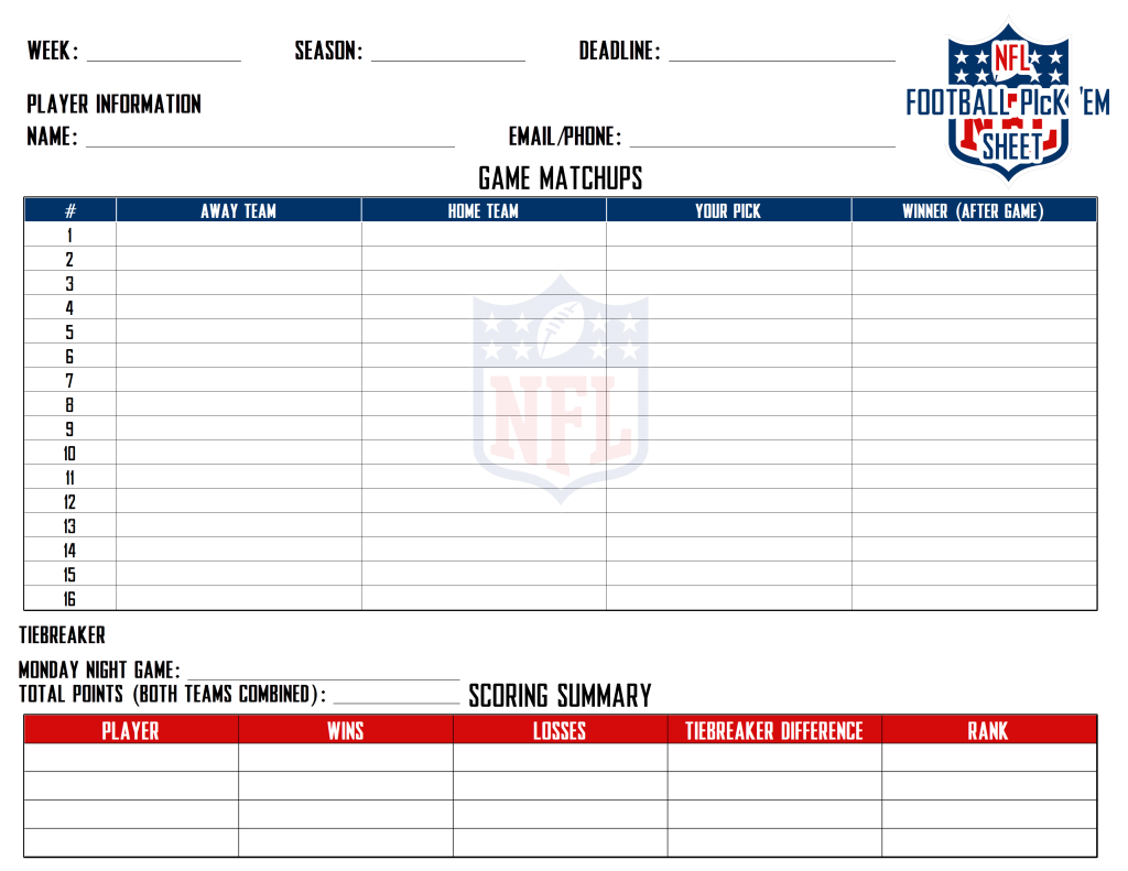 Track Your Picks: Printable NFL Pick ’Em Sheets in PDF and Excel Betting