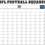 Printable NFL football squares template with red and blue team labels and quarterly score boxes